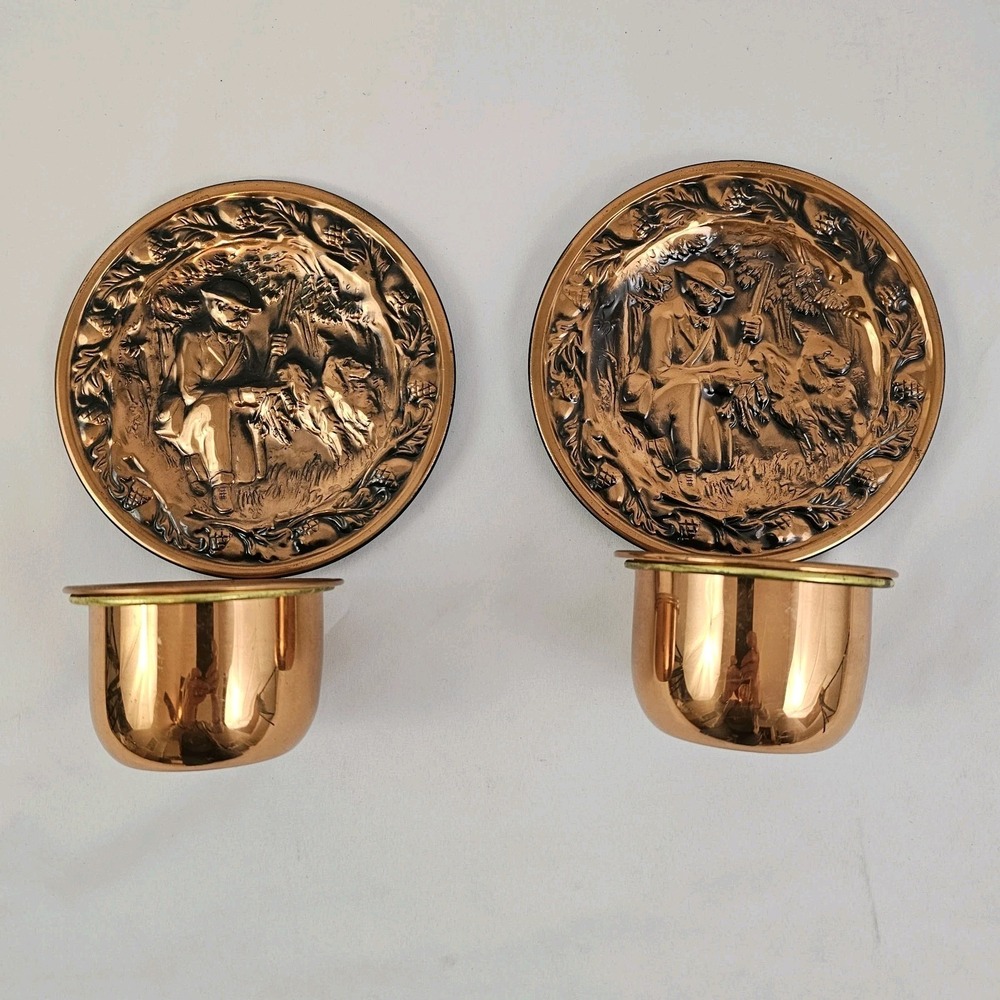 Vintage Coppercraft Candle Holder Pair Wall Pocket Planter Hunting Dogs - Picture 3 of 13